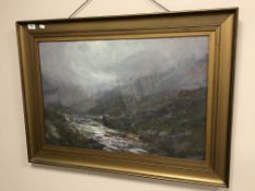 John Falconar Slater (1857 - 1937) : River Valley Landscape, oil on board, signed, 55 cm x 80 cm,