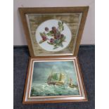 An antique hand-painted ceramic panel in frame together with an oil on canvas of a boat in choppy
