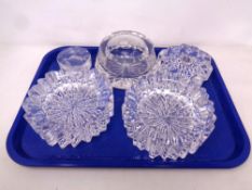 A tray containing five pieces of clear glassware to include a pair of shaped art glass bowls with