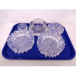 A tray containing five pieces of clear glassware to include a pair of shaped art glass bowls with