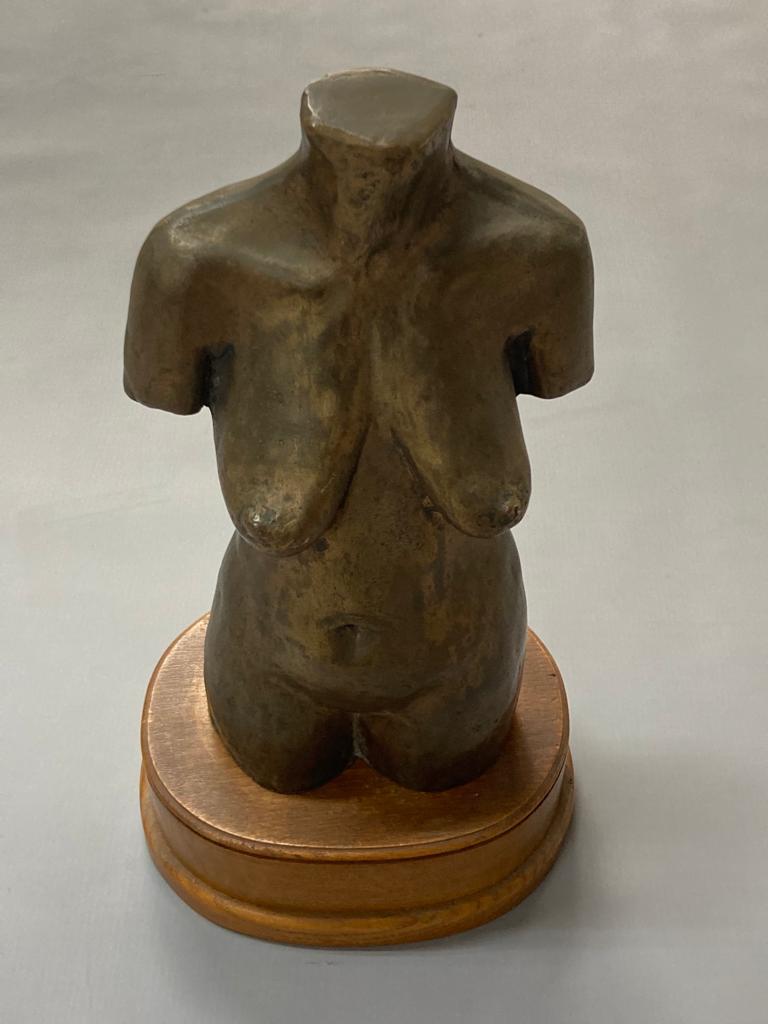 David Belilios : bronze contemporary torso, on wooden plinth,