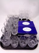 A tray containing boxed set of four Royal Doulton crystal whisky tumblers,
