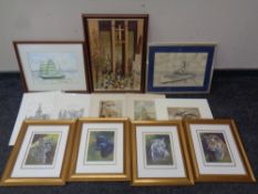 A box containing assorted framed and unframed prints to include a set of four Stephen Gayford gilt
