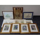 A box containing assorted framed and unframed prints to include a set of four Stephen Gayford gilt