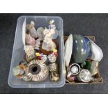 Two boxes containing assorted ceramics to include figurines by Capodimonte, pewter tankard,
