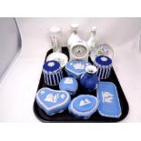 A tray containing a quantity of Wedgwood Jasperware including lidded pots,