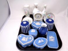 A tray containing a quantity of Wedgwood Jasperware including lidded pots,