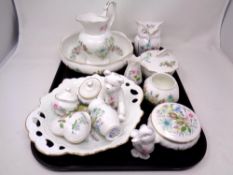 A tray containing a quantity of Aynsley Wild Tudor porcelain and ornaments including lidded pots,