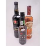 A bottle of Taylors select reserve port (75cl), a further bottle of Southern Comfort (70cl),