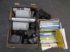 A box containing assorted electricals to include CD HiFi surround sound speakers,