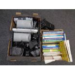 A box containing assorted electricals to include CD HiFi surround sound speakers,