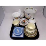 A tray containing assorted cabinet china to include Aynsley Cottage Garden, Royal Worcester bird,