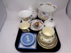 A tray containing assorted cabinet china to include Aynsley Cottage Garden, Royal Worcester bird,