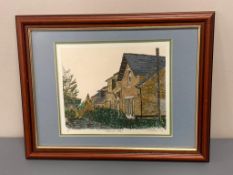 David Belilios : Redesmount Cottages, screen print, 1/14, signed, 15 cm x 21 cm.