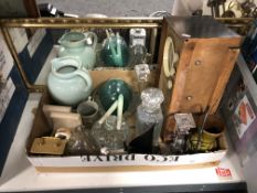 A box containing vintage radio, mantel clock, glass wares, pair of book ends, tankard,