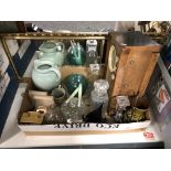 A box containing vintage radio, mantel clock, glass wares, pair of book ends, tankard,