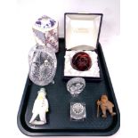 A tray containing boxed Caithness paperweight, Mason's Appliqué hexagonal lidded pot,