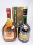 A boxed bottle of Three Barrels rare old French brandy (70cl) together with a further bottle of E &