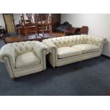 A contemporary Alexander & James Chesterfield cream buttoned leather three seater settee together