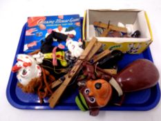 A tray containing three Pelham puppets and a vintage Chasing Mouse game