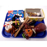 A tray containing three Pelham puppets and a vintage Chasing Mouse game