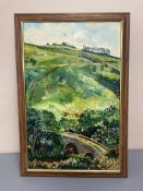 David Belilios : Bridge in farmland, oil on canvas, signed, 70 cm x 45 cm.