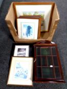 A box containing small glazed display cabinet and assorted pictures and prints