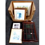 A box containing small glazed display cabinet and assorted pictures and prints