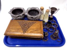 A tray containing assorted antique and later plated wares, horn, salt and pepper pots,