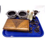 A tray containing assorted antique and later plated wares, horn, salt and pepper pots,