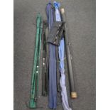 Six assorted fishing rods by Abu Garcia, Shakespeare, in carry bags,