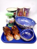 A tray containing six pieces of Maling lustre ware together with a pair of German porcelain dogs