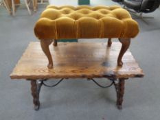 A rustic pine refectory coffee table together with a dralon upholstered footstool