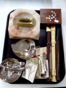 A tray containing miscellanea to include recorders, photograph snap shot books, plated wares,