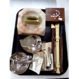 A tray containing miscellanea to include recorders, photograph snap shot books, plated wares,