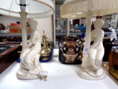 Two 20th century chalk figural table lamps with shades together with a further contemporary figural