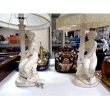 Two 20th century chalk figural table lamps with shades together with a further contemporary figural