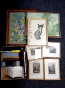 A box containing folded maps, framed 19th century hand coloured etchings, volumes, further pictures,