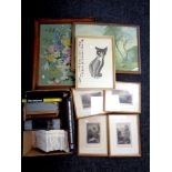 A box containing folded maps, framed 19th century hand coloured etchings, volumes, further pictures,