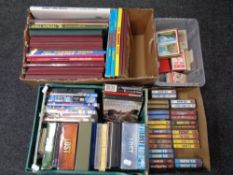 Three boxes containing annuals to include Dandy, Topper, The Broons, DVDs and DVD box sets,