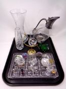 A tray containing glass and silver plate mounted claret jug, cut glass vase, cut glass tray,