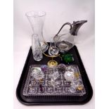 A tray containing glass and silver plate mounted claret jug, cut glass vase, cut glass tray,