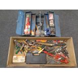 A drawer and metal concertina tool box containing a large quantity of hand tools and hardware
