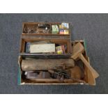 A box of antique wooden tool box containing hardware, Stanley finger plane, block plane,