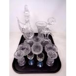 A tray of glass ware, RCR crystal figures, decanter with stoppers, vases,