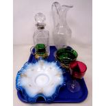 A tray of antique and late glass ware to include handkerchief glass dishes, decanter, glass ewer,
