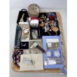 A tray of wristwatches, costume jewellery, soap gift set,