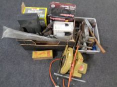 A box and crate of hand tools, Black and Decker circular saw, vintage blow lamp, LED lights,