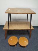 A small pair of circular pine footstools and two mid 20th century coffee tables