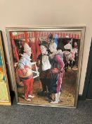 A colour print depicting clowns, 63 cm x 78 cm,